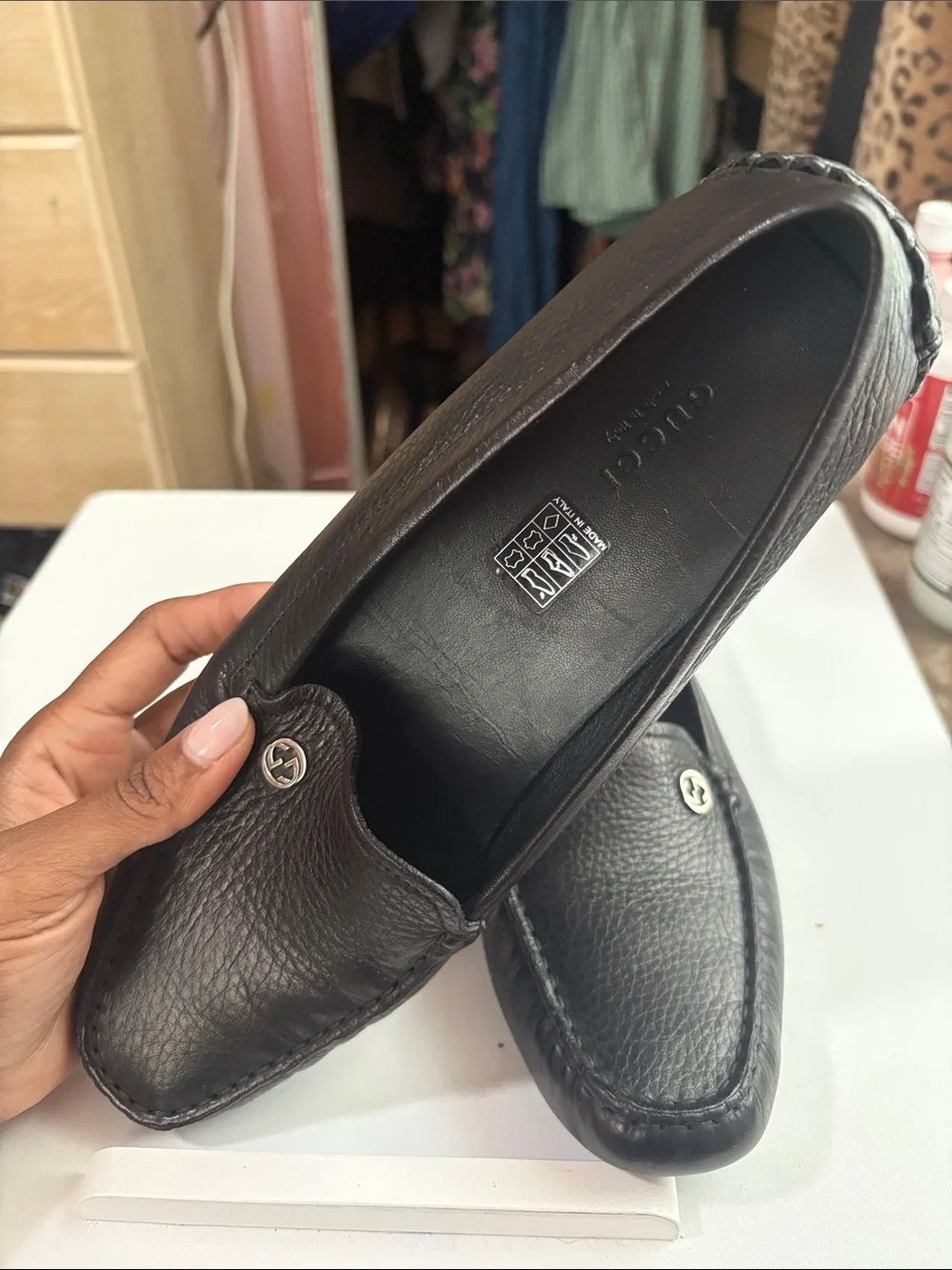 Gucci Black Pebbled Leather Slip-On Loafers with Silver Logo